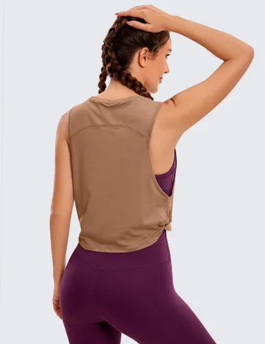 Vista 2 de CRZ YOGA - Camiseta corta de algodón Pima para mujer, camisetas deportivas sin mangas, atléticas, ombliguera para correr, hacer yoga, ir al