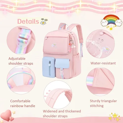 Vista 4 de Mochila escolar para niñas para escuela primaria ligera, Rosa Azul, Classic