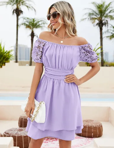 Vista 4 de KOJOOIN Vestidos de playa de verano con cuello redondo y manga corta para mujer, estilo casual, mini lunares suizos, cintura fruncida, dobladillo