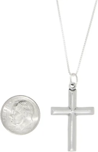 Vista 2 de LGU Collar pulido con colgante de cruz religiosa biselada de una cara oxidada de plata de ley