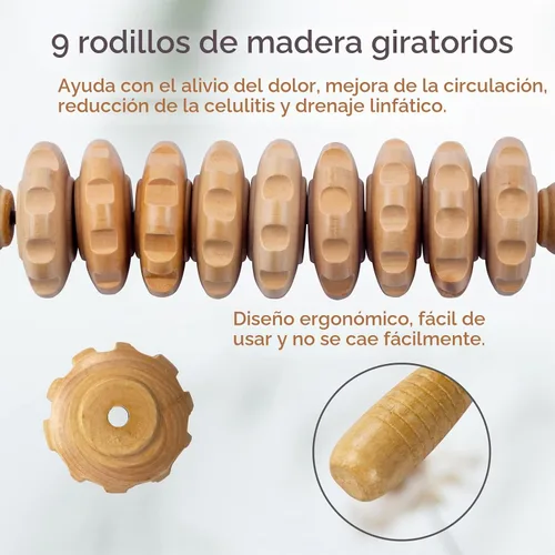 Vista 2 de Rodillo de masaje de madera para dar forma al cuerpo, rodillo de terapia de madera con 9 rodillos giratorios, herramienta de masaje anticelulítica
