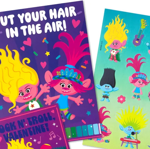 Vista 6 de Hallmark Trolls - Surtido de tarjetas de San Valentín para niños (24 tarjetas de San Valentín, 24 hojas de calcomanías y sobres)