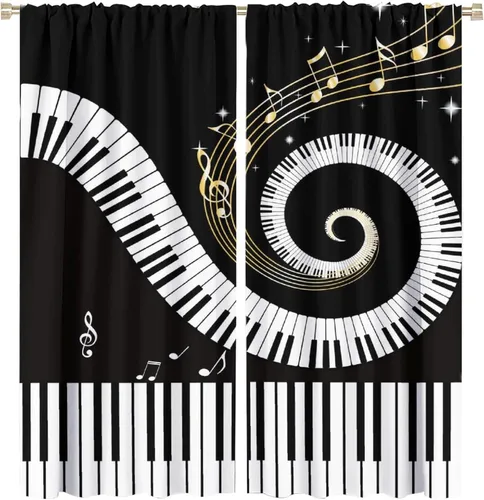 Vista 19 de Cortinas abstractas con notas musicales de piano, temática musical de piano, decoración de dormitorio de niños y niñas, arte rústico retro