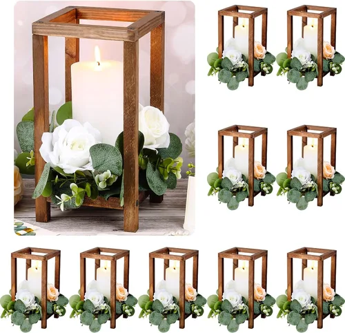 Vista 11 de Geelin 10 piezas de linterna de madera para centro de mesa de boda, linterna de vela de madera, portavelas decorativo para mesa de fiesta de boda