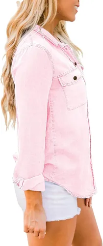 Vista 3 de luvamia Camisa vaquera de chambray para mujer, camisas occidentales de manga larga con botones