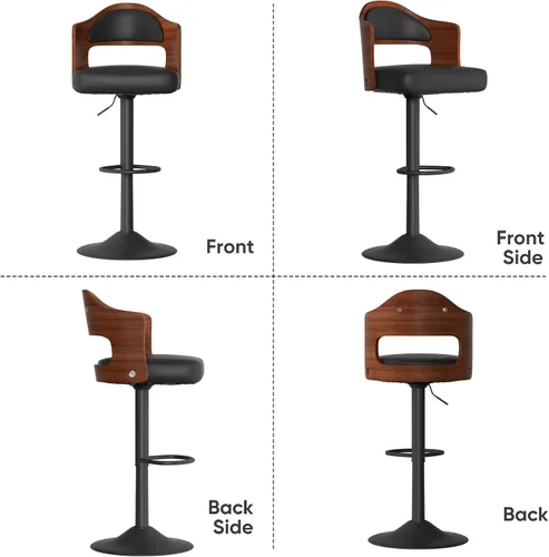 Vista 7 de Juego de 2 taburetes de bar giratorios, taburetes de bar de madera tapizados en cuero PU con respaldo y reposapiés, asiento de altura ajustable
