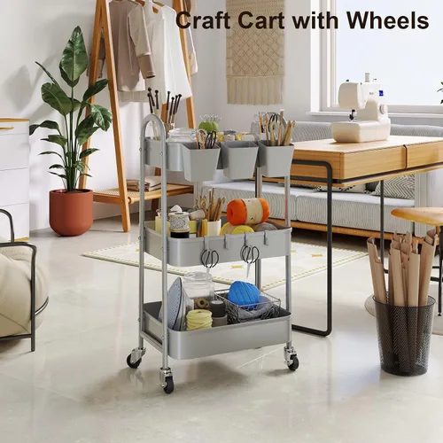 Vista 6 de Carrito rodante de 3 niveles de metal gris, carrito de almacenamiento de malla con asa y ruedas con cerradura, carritos organizadores