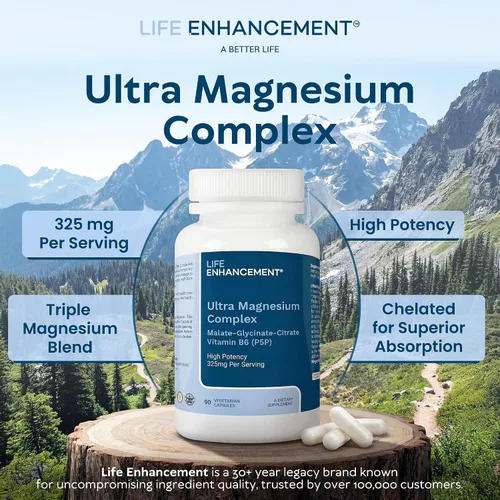 Vista 3 de Life Enhancement Complejo de magnesio ultra triple – 325 mg – con B6, glicinato, malato y citrato – Suplemento de magnesio mejora el sueño