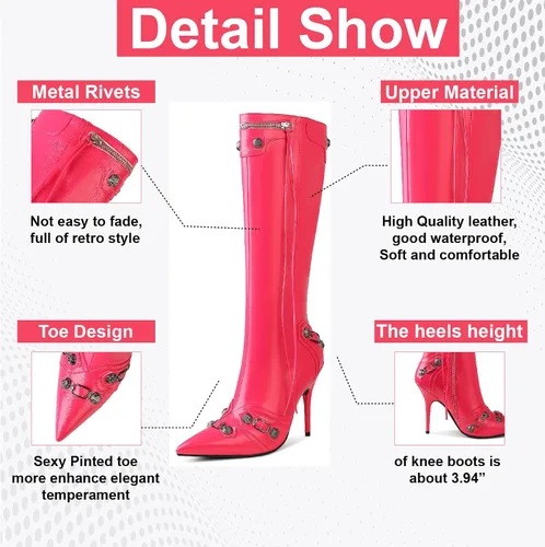 Vista 2 de VOMIRA Botas altas hasta la rodilla sexy con remaches puntiagudos, borlas y tacones de aguja de tacón alto, moda para fiesta de moda