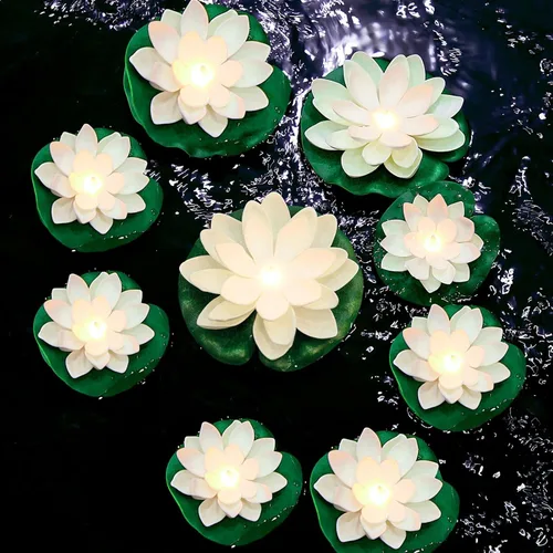 Vista 12 de Hortsun 9 luces flotantes de loto con pilas, almohadillas de lirio, flores de piscina, velas flotantes, decoración de plantas de estanque