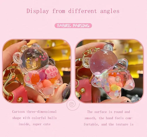 Vista 7 de Llavero Kawaii con diseño de oso líquido flotante de arena movediza, lindo llavero, bolsa, pulsera con dije para mujeres y niñas