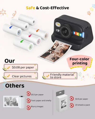 Vista 9 de Cámara de impresión instantánea en color para niños – Cámara para niños con 5 papeles fotográficos de color, video de 48MP y 1080P, 21 marcos