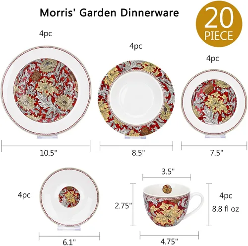 Vista 3 de STPGoods - Juego de vajilla de 20 piezas, platos y cuencos de porcelana con tazas, postre, ensalada, platos llanos y cuencos, diseño floral William