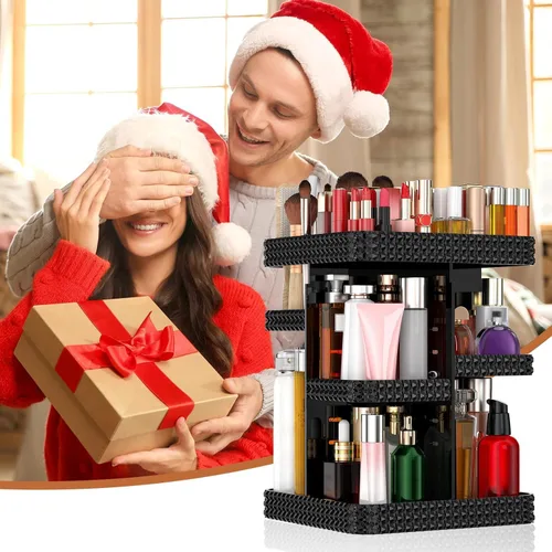 Vista 8 de Organizador de maquillaje giratorio de 360º – Almacenamiento de maquillaje acrílico negro para tocador, organizador de cosméticos con loción