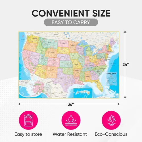 Vista 3 de NOWMAP AquaShield - Póster impermeable de doble cara de Estados Unidos, mapa de Estados Unidos, 24 x 36 pulgadas, plegado con calcomanías de alfiler