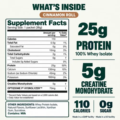 Vista 2 de Paquetes de aislado de proteína de suero de leche 2 en 1 + creatina, rollo