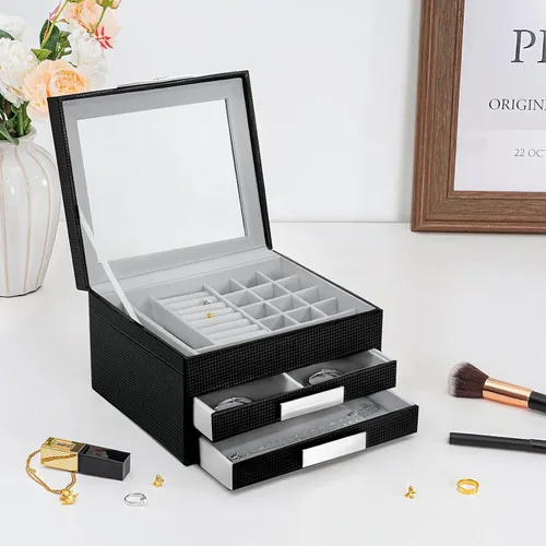 Vista 8 de Oyydecor Joyero con tapa de cristal organizador de joyas de piel sintética de 3 niveles con 2 cajones estuche de joyería portátil grande