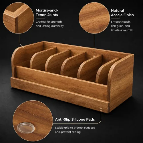 Vista 5 de Caja Organizadora de Cinturones de Madera de Acacia MinBoo, Estante de Cinturones de 6 Rejillas para Clóset y Cajón, Organizador y Expositor