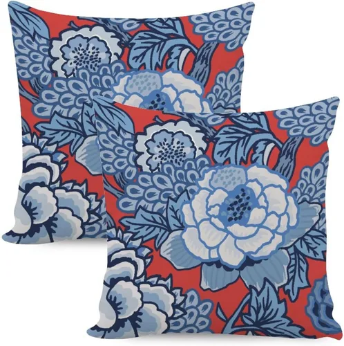 Vista 34 de Juego de 2 almohadas coloridas de estilo chinoiserie, color rosa intenso, azul real, peonía, floral, blanco, lino, estilo chinoiserie, para sofá