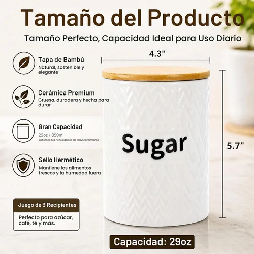 Vista 2 de Peohud Juego de 3 recipientes de cerámica para cocina, tarros herméticos de almacenamiento de alimentos de 29 onzas con tapas de bambú, juego