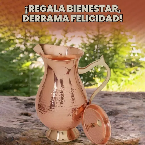 Vista 6 de Jarra de cobre 100% puro de 50.7 fl oz (50.72 onzas) – Jarra de agua de cobre martillado con tapa y asa, jarra de agua de cobre ayurvédica