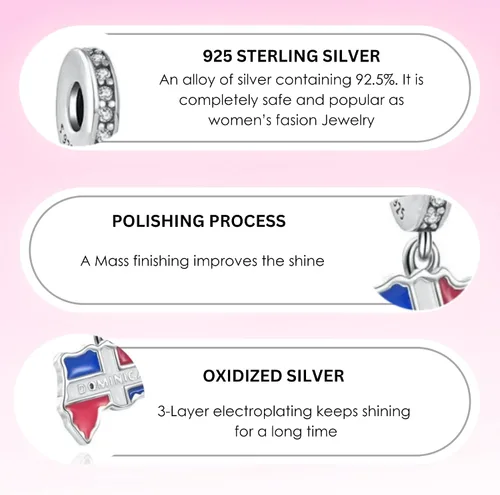 Vista 6 de República Dominicana colgante encanto 925 plata esterlina regalo para cumpleaños Navidad madre apto para pulsera, Plata esterlina, No es una piedra
