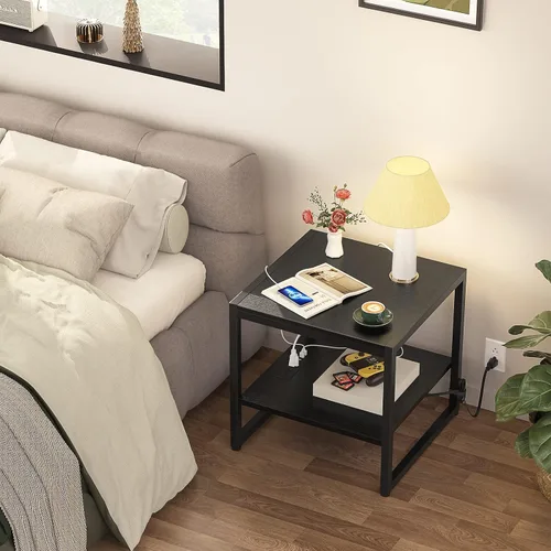 Vista 6 de Homieasy - Mesa auxiliar con estación de carga, soporte para mini refrigerador de 20 pulgadas con estante abierto de 2 niveles, mesita de noche