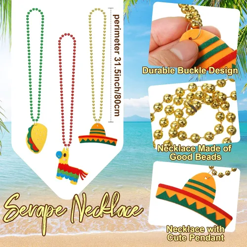 Vista 4 de 5 piezas de disfraces de fiesta Cinco de Mayo, poncho de tela de fiesta y sombrero de pajita, sombrero de 3 cuentas de collar mexicano para adultos