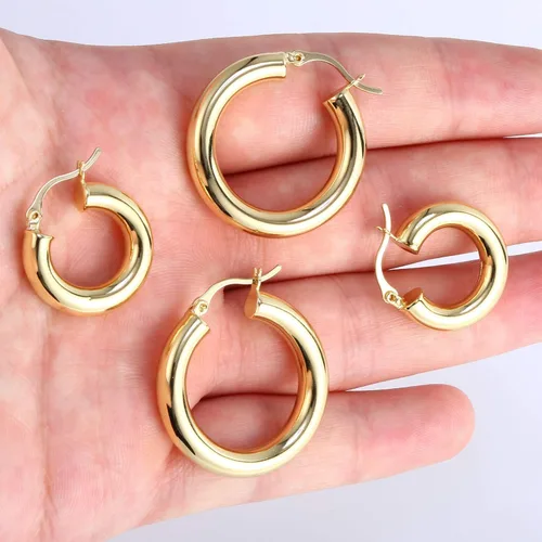Vista 8 de BOUTIQUELOVIN - Aretes chapados en oro de 14 quilates con diseño cilíndrico, gruesos, hipoalergénicos y livianos para mujer