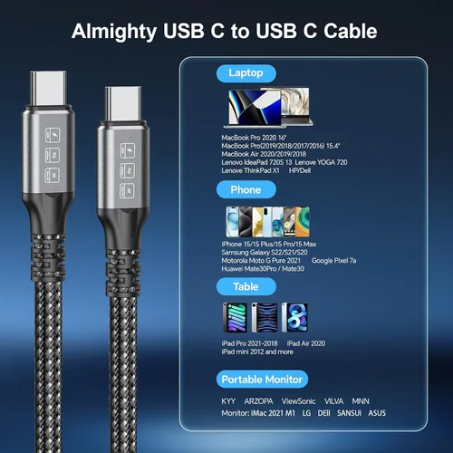 Vista 3 de Cable Thunderbolt 4, cable USB C a USB C de 240 W soporta transferencia de fecha de 40 Gbps, pantalla 8K y 4K, cable Thunderbolt4 a USB C de 6.6