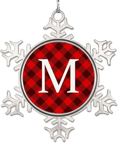 Vista 20 de Adorno de copo de nieve de letra A con inicial de copo de nieve, adorno de monograma a cuadros rojos para decoración de árbol de Navidad, adornos