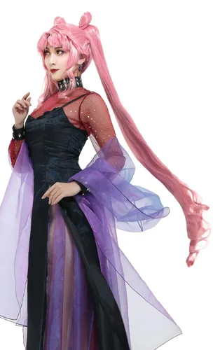 Vista 4 de miccostumes Peluca de pelo sintético largo de color rosa para mujer