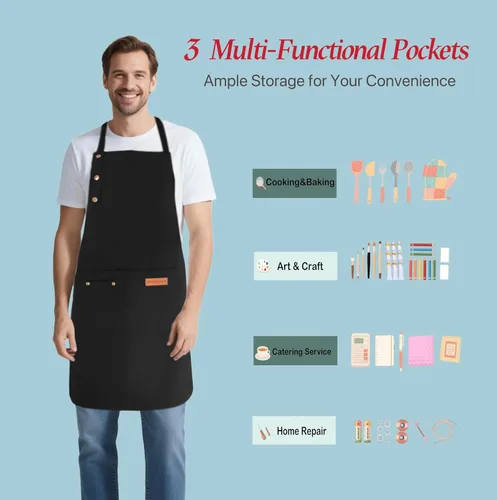 Vista 5 de Delantal de cocina para mujer y hombre, resistente al agua, para artista, barista, hornear, manualidades, catering, trabajo, con babero y grandes