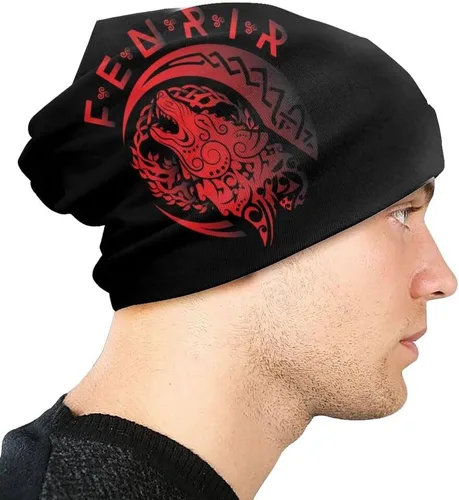 Vista 3 de Viking Tattoo Fenrir Wolf Beanie Hat Street Skullies Hombre Mujer Nórdico Sombrero Invierno Cálido Moda Hip Hop Sombrero