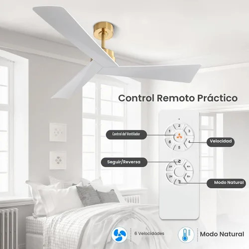 Vista 2 de WINGBO Ventilador de techo CC de 52 pulgadas sin luces, ventilador de techo de latón y blanco con control remoto, 3 cuchillas de plástico ABS, motor