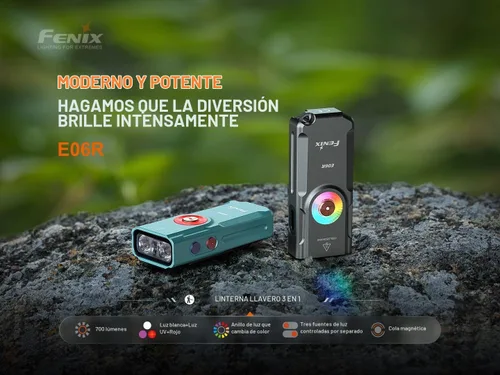Vista 2 de Fenix E06R - Linterna de llavero EDC 3 en 1 de 700 lúmenes, USB-C recargable, incluye luz UV y organizador Lumentac (gris)