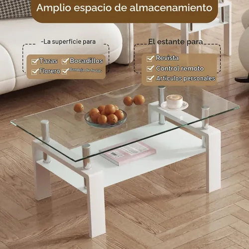 Vista 7 de Mesa de centro rectangular de vidrio de 39.4 pulgadas, mesa de centro blanca con vidrio templado y patas de metal, mesa central moderna de 2 niveles