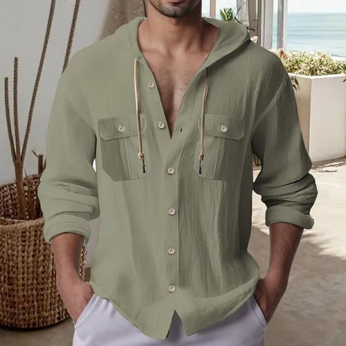 Vista 2 de Sudaderas con capucha de lino y algodón para hombre, camisas guayabera de manga larga con capucha con cordón y botones, camisas de playa