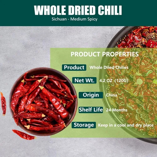 Vista 2 de Pimiento rojo seco, chiles secos enteros, chiles secos rojos de 4.23 onzas, bolsa resellable, pimientos secos para curry, tofu, sopas, olla caliente