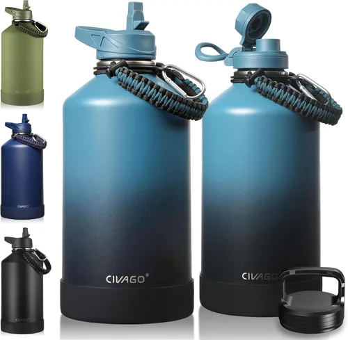 Vista 11 de CIVAGO Botella de agua aislada de 22 onzas con pajita, frasco de agua deportiva de acero inoxidable con 3 tapas