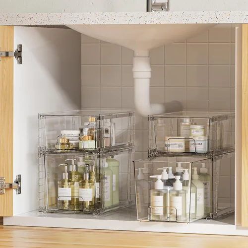 Vista 2 de Vtopmart Paquete de 4 cajones de almacenamiento apilables transparentes, para debajo del fregadero y la cocina, cajones de plástico fáciles