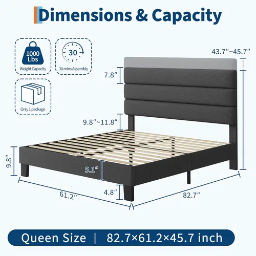 Vista 2 de Garvee Base de cama de plataforma Queen con cabecera ajustable, tapizado de tela y soporte de listones de madera, base de colchón resistente,