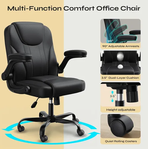 Vista 5 de Silla de oficina de cuero PU, brazos abatibles, cojín de doble capa de 3.5 Negro