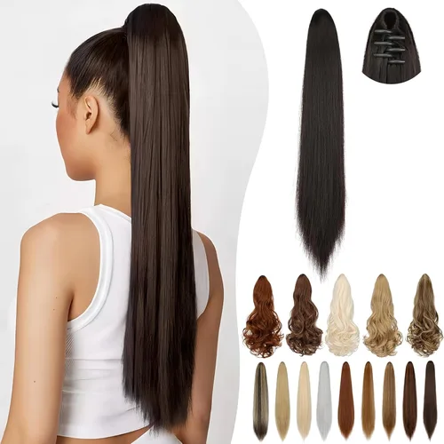 Vista 28 de Extensión de cola de caballo de 18 pulgadas, 20 pulgadas, larga, rizada, ondulada, recta, con clip, de aspecto natural, extensión de cabello
