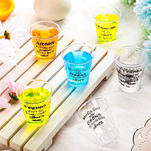 Vista 4 de Peryiter 100 vasos de chupito de plástico a granel, mini vasos desechables de 1.7 onzas, diseño divertido transparente, vasos de muestra, vasos