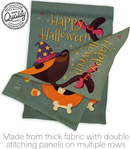 Vista 7 de Juego de bandera de casa de arpillera de gato brujo para otoño, Halloween, truco o trato espeluznante noche negro temporada otoño calabaza