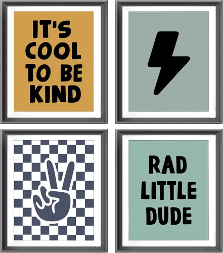 Vista 8 de Cartel de mano retro a cuadros negros y blancos preppy relámpago de la paz para decoración de habitación de niños, decoración divertida de Rad