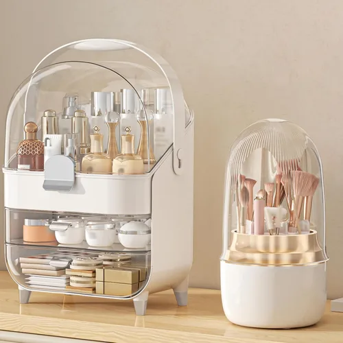 Vista 10 de Organizador de maquillaje, soporte para cuidado de la piel organizador de tocador, caja de almacenamiento vitrinas de cosméticos, regalos