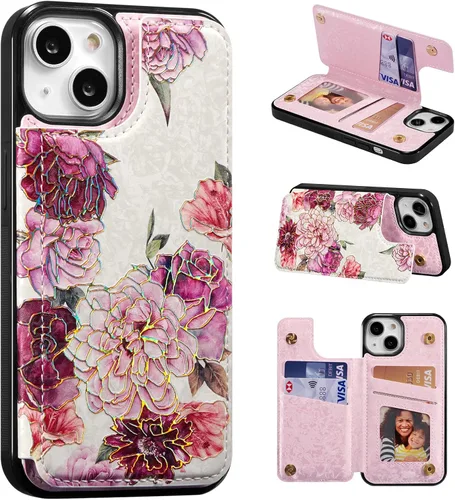 Vista 49 de UEEBAI Funda tipo cartera para iPhone 13 con tarjeteros, piel sintética, diseño floral, función atril, bloqueo RFID, doble cierre magnético, funda