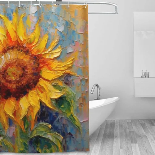 Vista 2 de YLATY2395 - Cortina de ducha de girasol para baño, pintura al óleo, hojas verdes, flores, bohemio, tela amarilla abstracta, moderna, impermeable